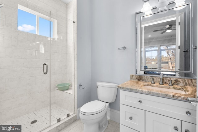 full bath featuring a stall shower, baseboards, toilet, tile patterned flooring, and vanity