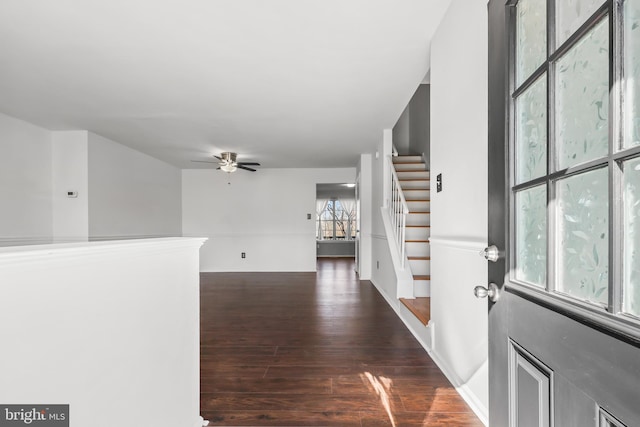 foyer featuring dark wood-type flooring, stairway, and a ceiling fan