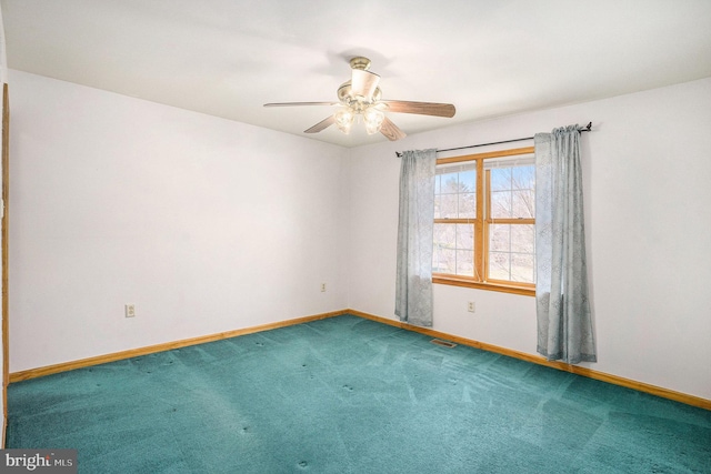 spare room with visible vents, baseboards, a ceiling fan, and carpet floors