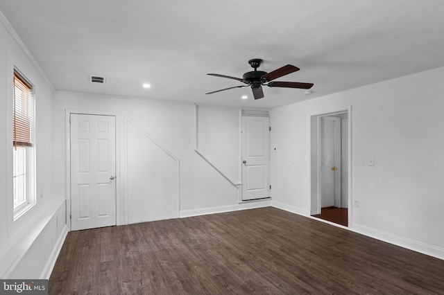 spare room with ceiling fan, wood finished floors, visible vents, and recessed lighting