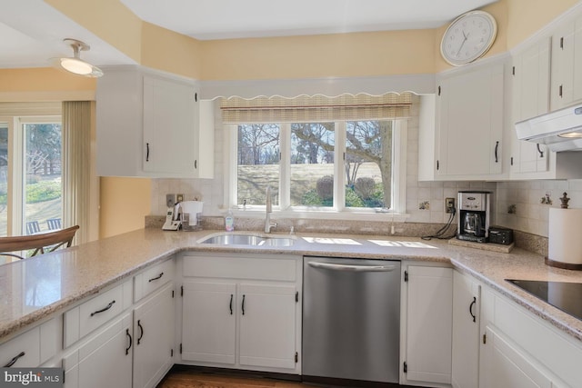 kitchen featuring decorative backsplash, white cabinets, a sink, dishwasher, and under cabinet range hood