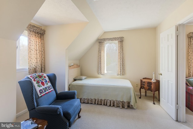 bedroom featuring carpet floors, vaulted ceiling, and baseboards