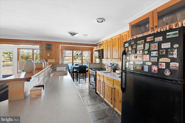 kitchen with a sink, a wealth of natural light, brown cabinets, black appliances, and crown molding