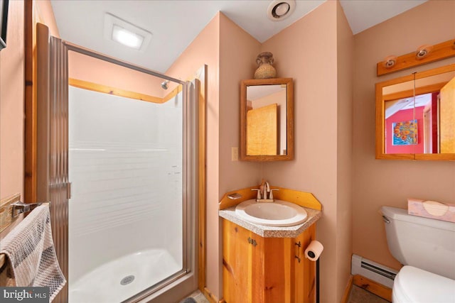 full bath with a stall shower, a baseboard radiator, vanity, and toilet