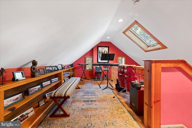 home office featuring recessed lighting, vaulted ceiling, and wood finished floors