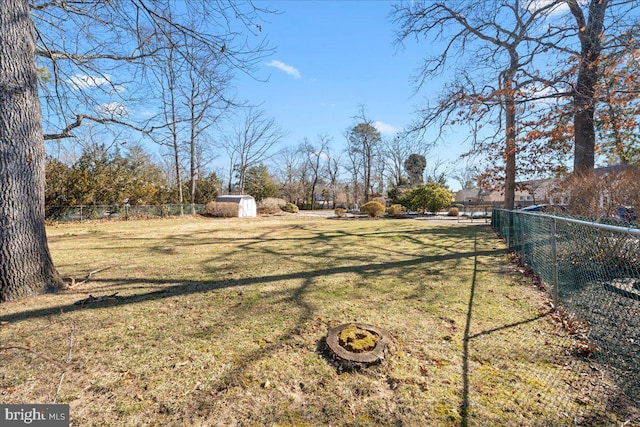 view of yard featuring a fenced backyard, a storage unit, and an outdoor structure