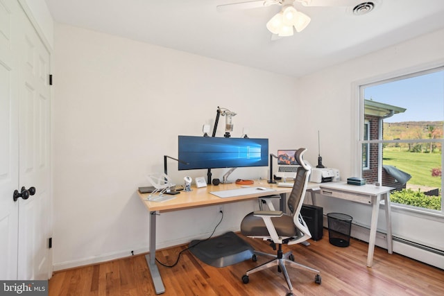 home office with plenty of natural light, visible vents, a ceiling fan, and wood finished floors