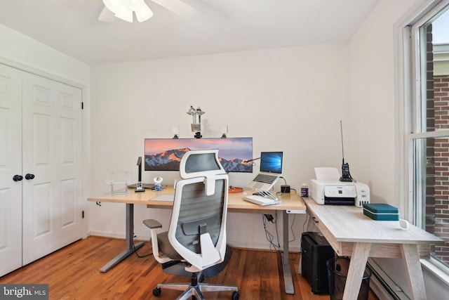 home office with a ceiling fan and wood finished floors