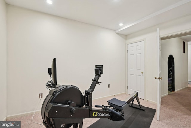 workout area featuring recessed lighting, carpet flooring, and baseboards