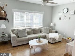 living area featuring a healthy amount of sunlight, a ceiling fan, and wood finished floors