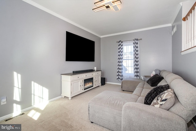 living area with visible vents, baseboards, light colored carpet, and ornamental molding