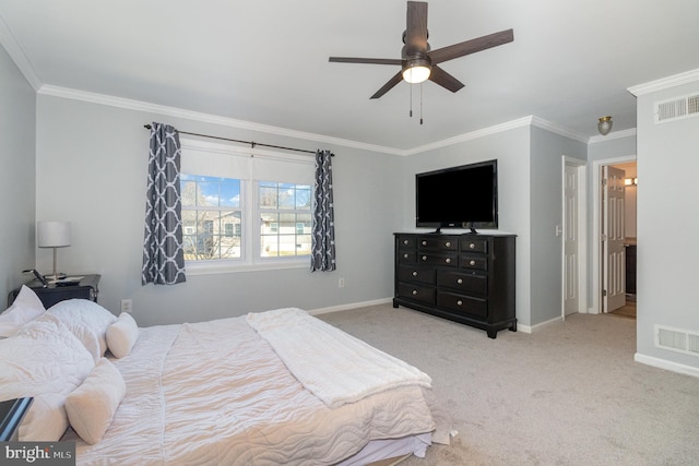 bedroom with visible vents, carpet floors, baseboards, and ornamental molding