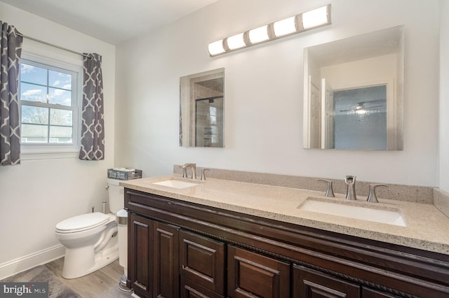 bathroom with a shower stall, toilet, double vanity, and a sink