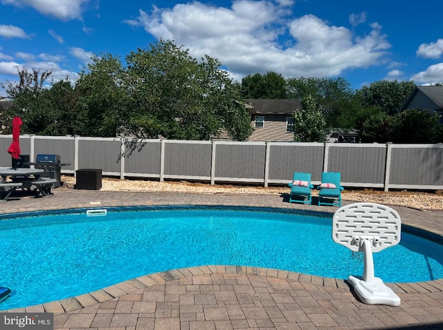 view of pool with a fenced in pool, a patio area, and fence