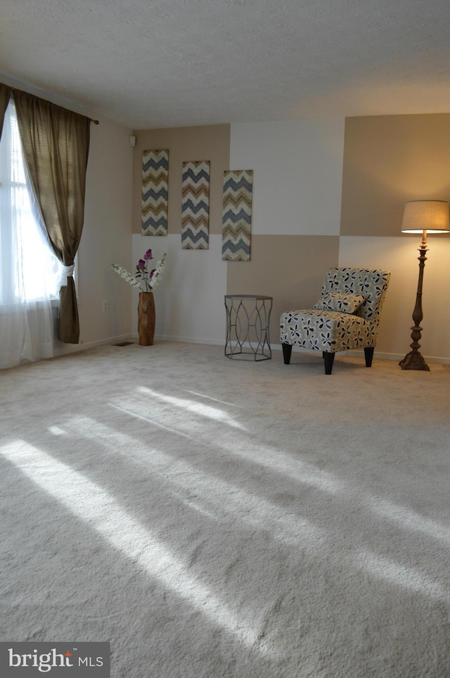 unfurnished room featuring carpet, a textured ceiling, and baseboards