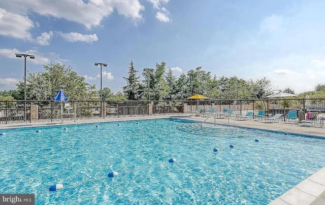 pool with fence and a patio