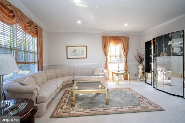 living room featuring carpet floors, baseboards, ornamental molding, and recessed lighting