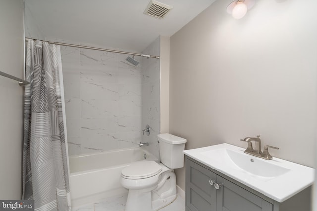 bathroom featuring visible vents, toilet, marble finish floor, shower / bath combo with shower curtain, and vanity