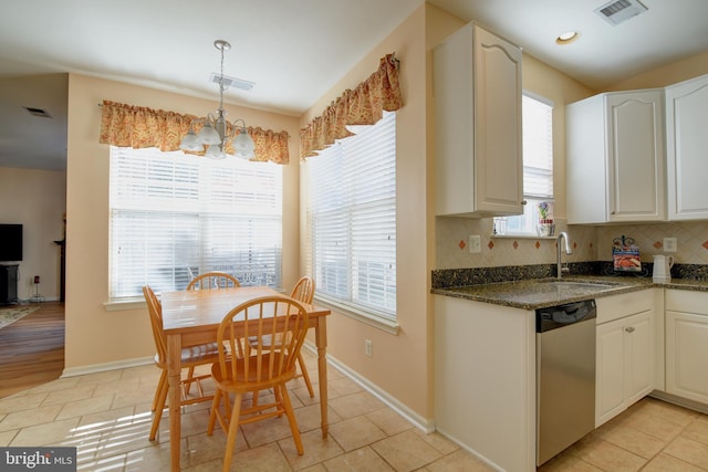 kitchen featuring tasteful backsplash, visible vents, a sink, and stainless steel dishwasher