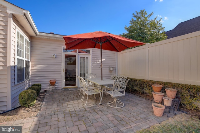 view of patio / terrace featuring a fenced backyard and outdoor dining space