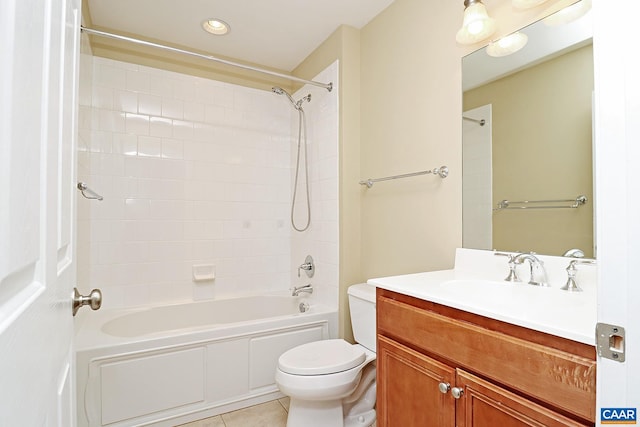 full bath featuring toilet, shower / bath combination, tile patterned flooring, and vanity