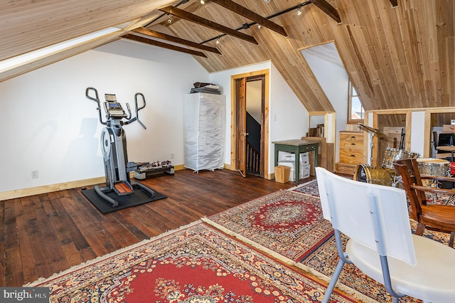 exercise area with baseboards, lofted ceiling, wooden ceiling, hardwood / wood-style floors, and track lighting