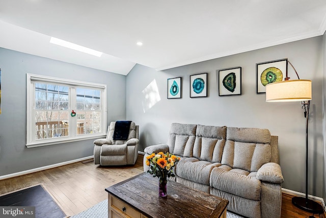 living room featuring dark wood-style floors, a skylight, and baseboards