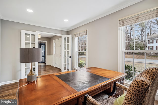 office area with french doors, ornamental molding, dark wood finished floors, and recessed lighting