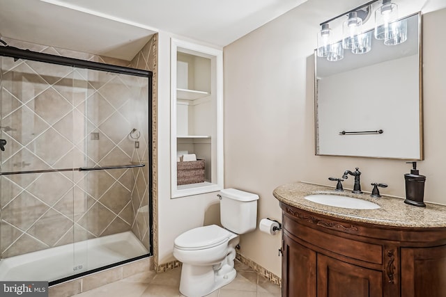 bathroom with tile patterned flooring, toilet, vanity, baseboards, and a shower stall