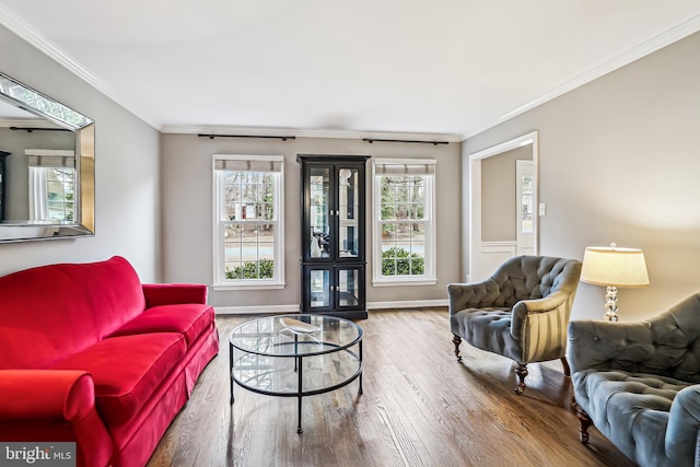 living room featuring a healthy amount of sunlight, crown molding, and wood finished floors