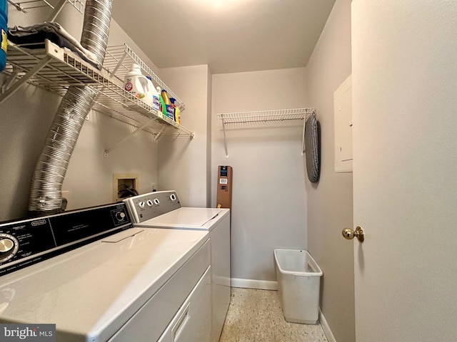 laundry area with laundry area, separate washer and dryer, and baseboards