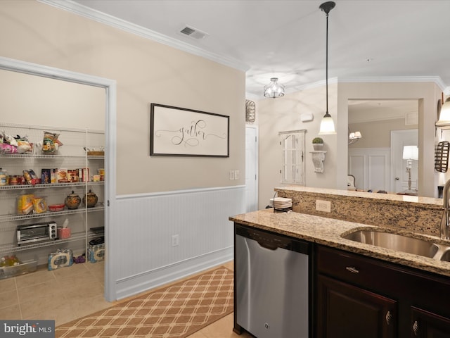 bathroom featuring visible vents, wainscoting, ornamental molding, tile patterned floors, and vanity