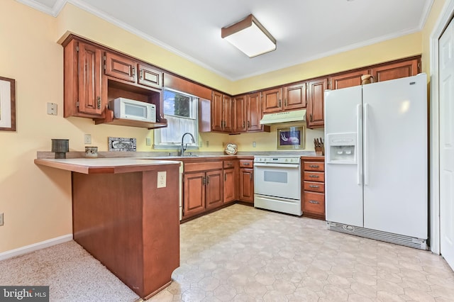 kitchen featuring crown molding, light countertops, a peninsula, white appliances, and under cabinet range hood