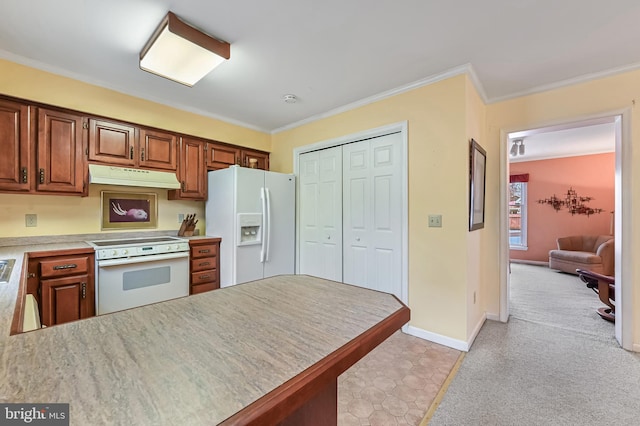 kitchen featuring light countertops, ornamental molding, white appliances, under cabinet range hood, and baseboards