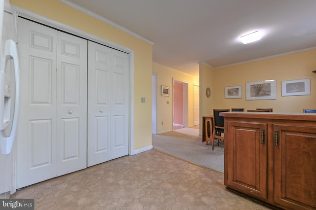 interior space with light colored carpet, crown molding, and baseboards