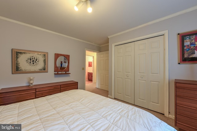 bedroom featuring carpet floors, crown molding, and a closet