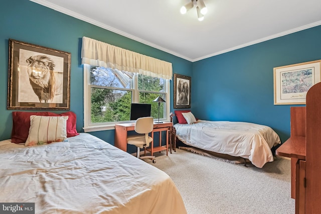 bedroom featuring crown molding and carpet flooring