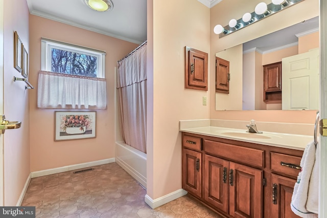 bathroom featuring shower / tub combo, baseboards, visible vents, crown molding, and vanity