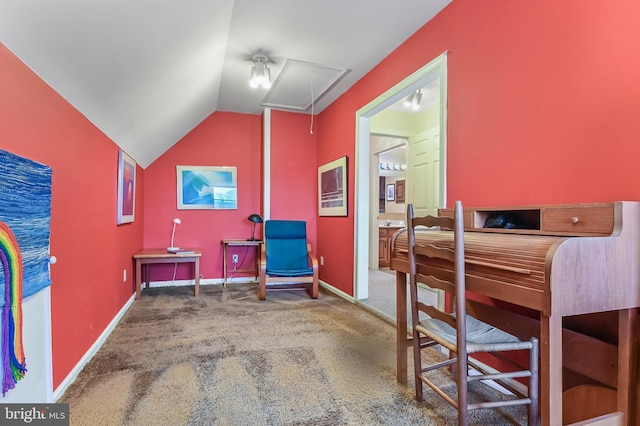 sitting room with attic access, carpet, vaulted ceiling, and baseboards