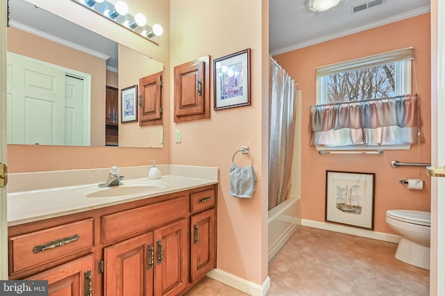 full bathroom with visible vents, crown molding, vanity, and toilet