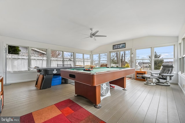 recreation room with pool table, vaulted ceiling, hardwood / wood-style floors, and ceiling fan