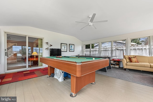 recreation room with a healthy amount of sunlight, ceiling fan, vaulted ceiling, and pool table