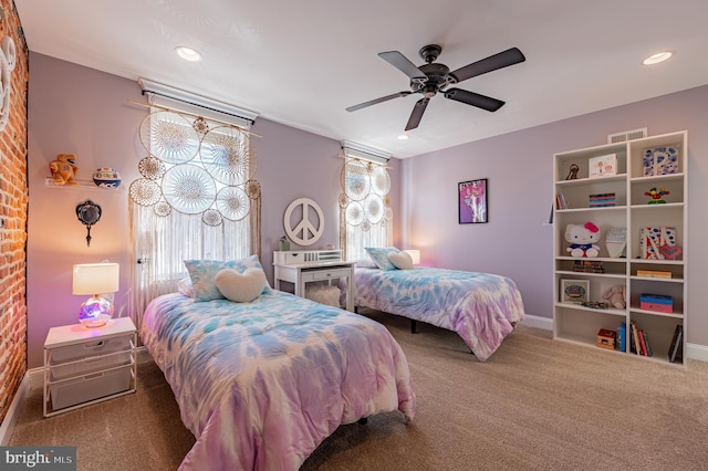 carpeted bedroom with ceiling fan, visible vents, baseboards, and recessed lighting