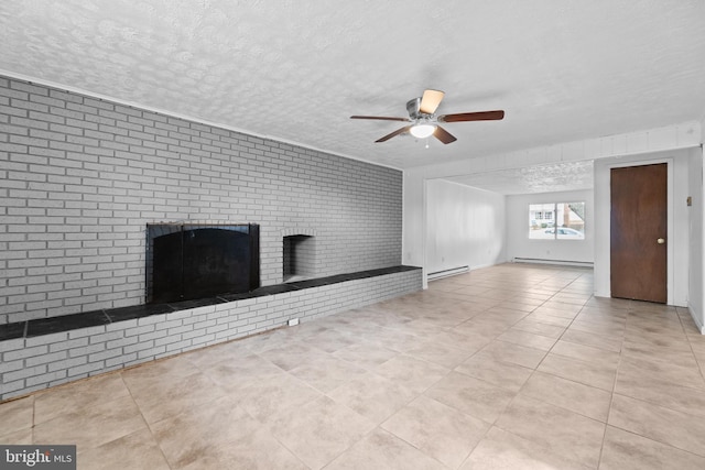 unfurnished living room with a textured ceiling, a baseboard radiator, a baseboard heating unit, brick wall, and a fireplace