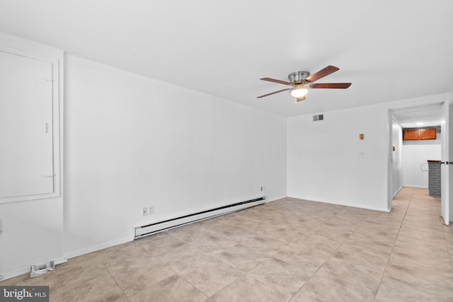 empty room with a ceiling fan, visible vents, and baseboard heating