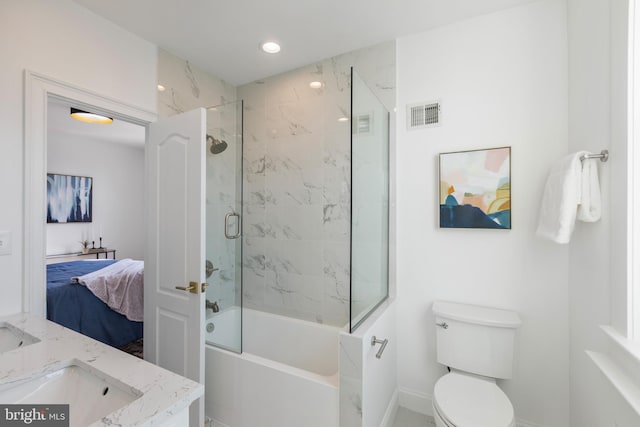 full bath featuring visible vents, toilet, ensuite bathroom,  shower combination, and vanity