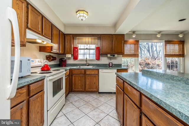 kitchen featuring white appliances, under cabinet range hood, brown cabinetry, and a sink