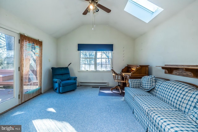 living area with carpet floors, a baseboard heating unit, vaulted ceiling, and a ceiling fan