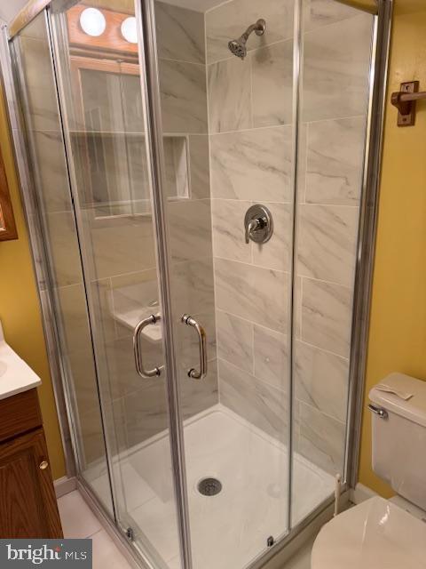 bathroom featuring a shower stall, toilet, and vanity