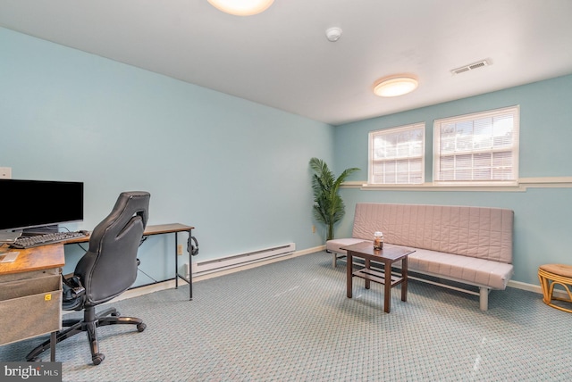 carpeted home office featuring a baseboard heating unit, baseboards, and visible vents